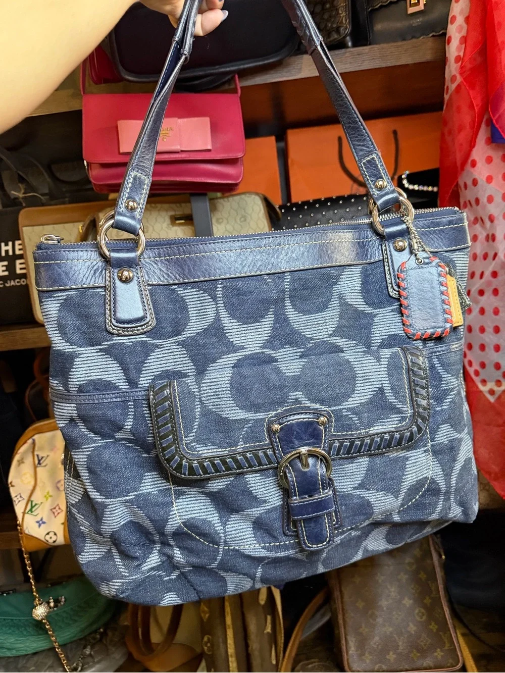 Coach Blue Signature Denim Tote with Buckle Pocket